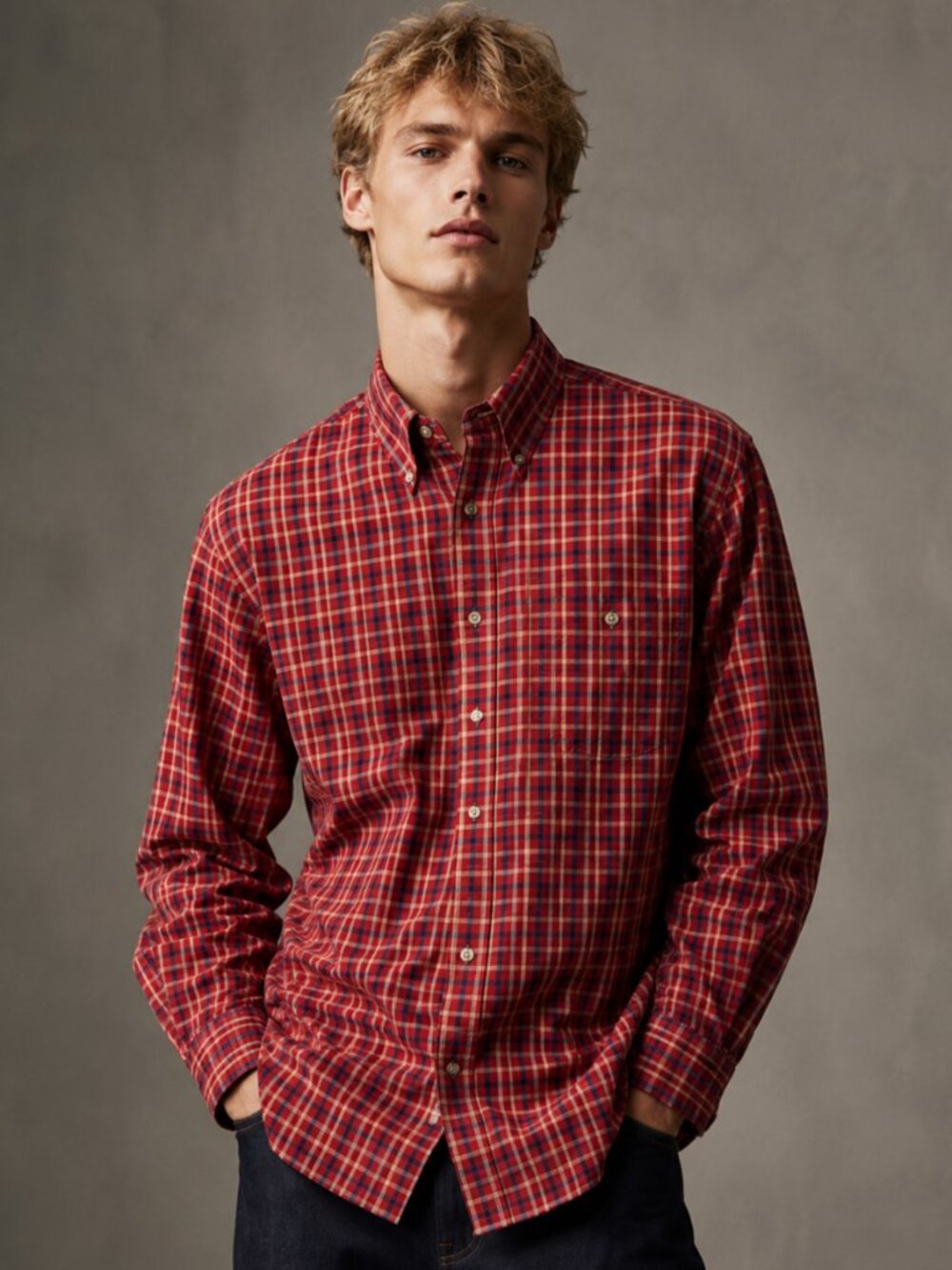 Plaid Shirt Red Button-Down Casual L